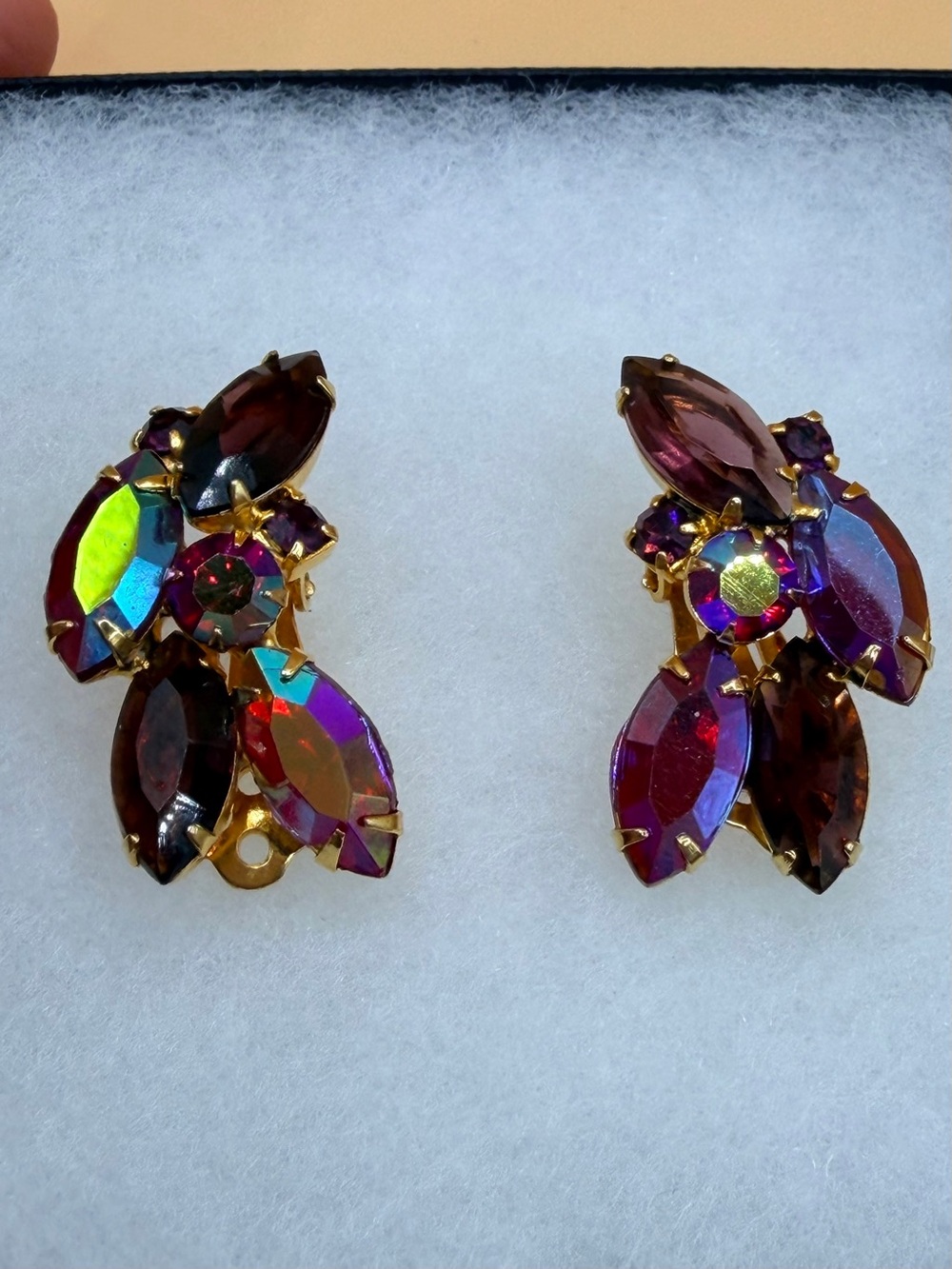 Dazzling Gold-Tone Purple Aurora Borealis Crystal Clip Earrings